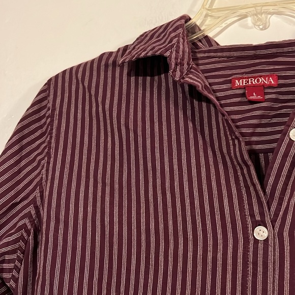 Merona wine/white stripe blouse. Drawstring waist. Convertible sleeve - Picture 2 of 10